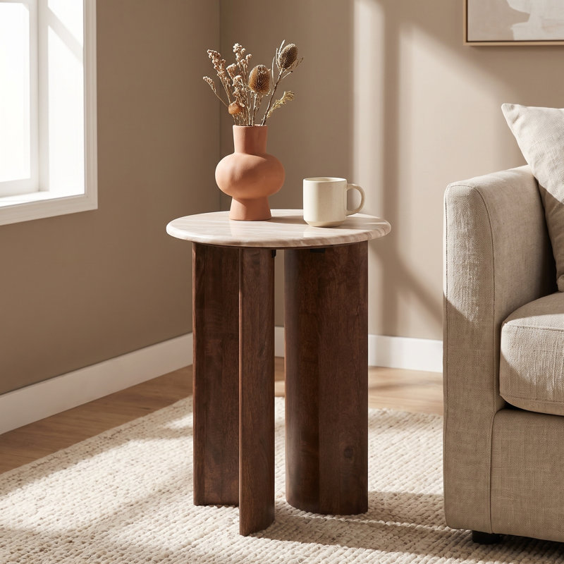 Beige Marble Wood Half Circle Base Side Table