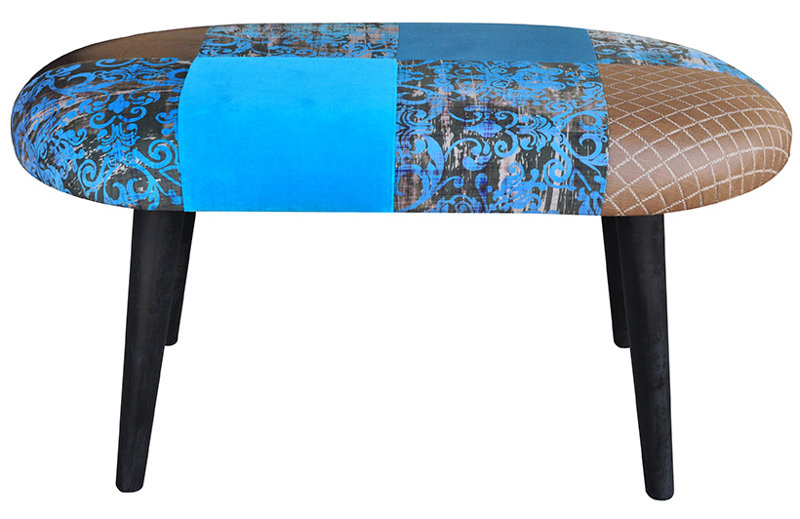 Patchwork Polyester Blend Upholstered Bench, Turquoise Mix