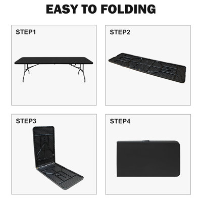 Table pliante 8 pi, noir. Pour le camping, les voyages de pique-nique. Robuste, imperméable. Capacité de charge élevée. Table pliante noire intérieure / extérieure. Portable pour des expériences en plein air. Capacité.