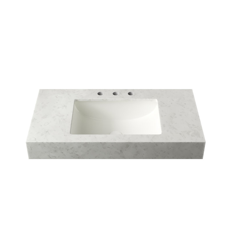 Comptoir ASO 24 po avec bordure en marbre artificiel, lavabo encastré en céramique avec 3 trous de robinetterie, sans robinetterie ni meuble, blanc