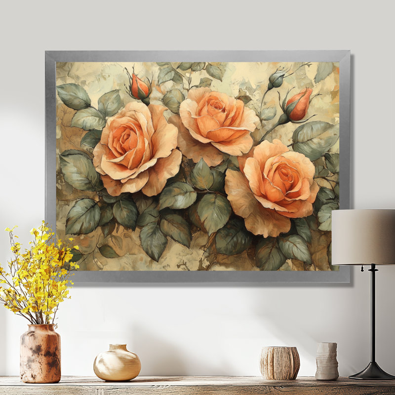 Roses, tons de terre, fleurs II, Reproduction encadrée d'une seule photo sans pass, Argent argent, H 24 po x l 32 po