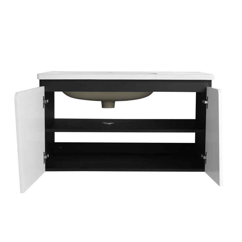 Meuble-lavabo flottant mural avec lavabo en céramique, Blanc/Noir, 36"