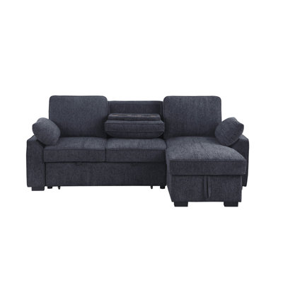 91"W Charcoal Chenille Fabric Reversible Sleeper Sectional With Storage Chaise, Drop-Down Table, Cup Holders And Charging Ports
