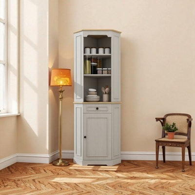 68" Farmhouse Corner Cabinet with Fluted Door, Freestanding Storage with Drawer & Adjustable Shelf