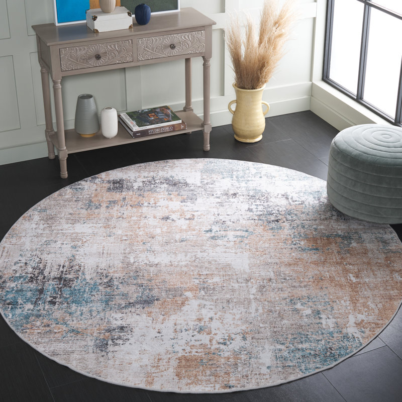 Tapis bleu / brun / gris en polyester tissé à la machine Tabias, Rond 6 pi