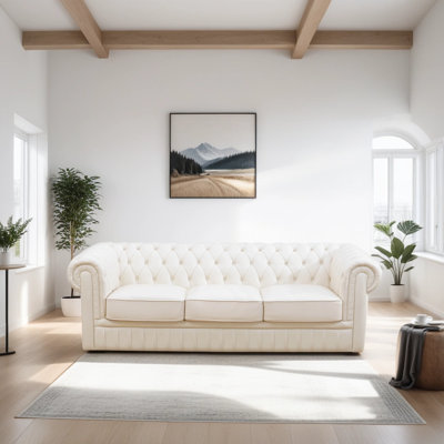 94.5" Genuine Cowhide Leather Chesterfield Sofa – Button Tufted, Scroll Arms & Handcrafted European Buckles