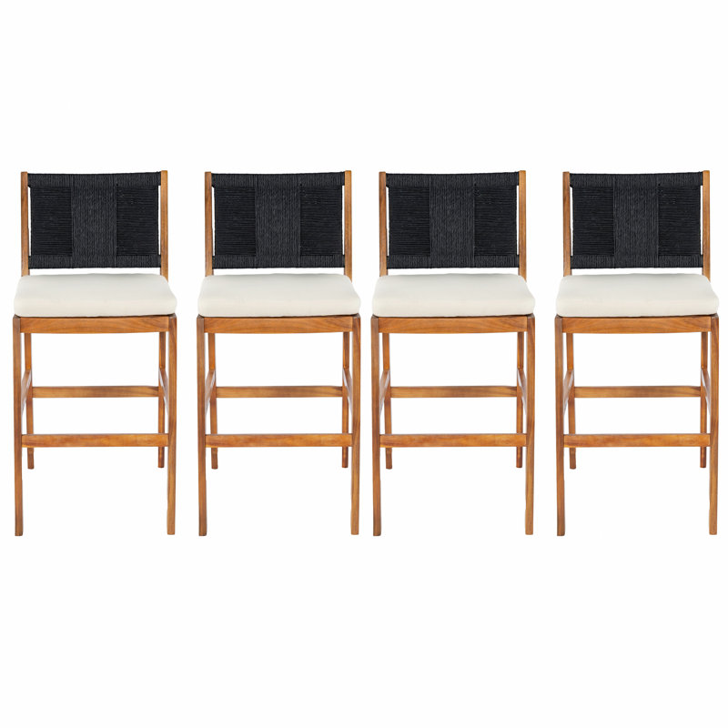 4 pièces Tabouret de bar d'extérieur en bois d'acacia massif et osier tissé, Crème/noir, 1