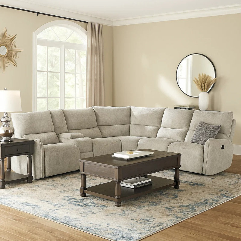 Canapé modulaire inclinable manuel avec console 3 pièces Rey, gris latté, Manuel - Bouton-poussoir