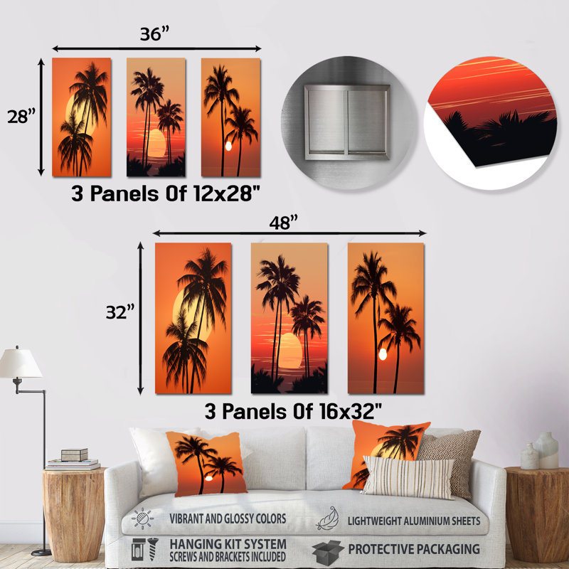 Tangerine Twilight Palm Tree Sunset - Palms & Palm Trees Metal Wall Art Living Room Set Of 3, H 28 po x l 36 po