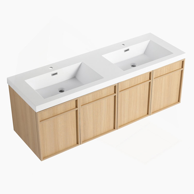 Meuble-lavabo mural 60 po avec double lavabo en résine, 4 portes à fermeture douce, chêne original, contreplaqué (KD-PACKING)