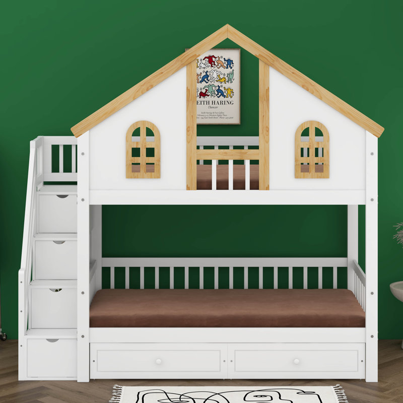 Twin Size Wooden House-Shaped Bunk Bed With Storage Drawers & Staircase, Loft Bed With Windows, Door & Roof , Twin Over Twin