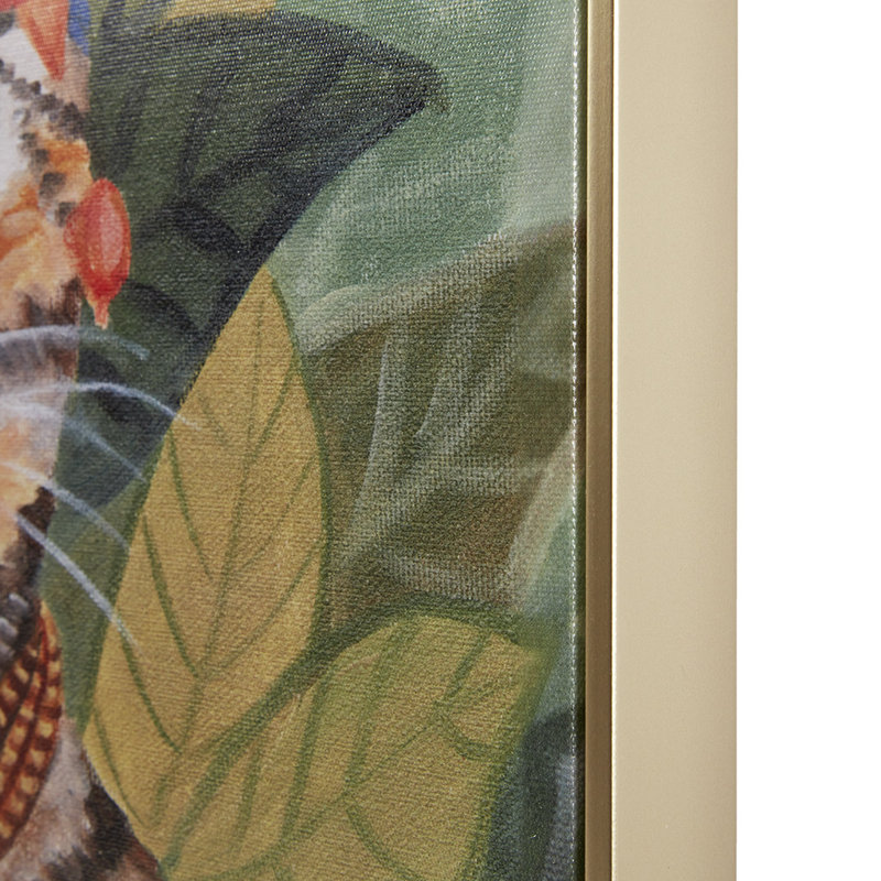 Art mural Boho Cat Portrait - cadre doré en relief, coiffe florale, scène de forêt