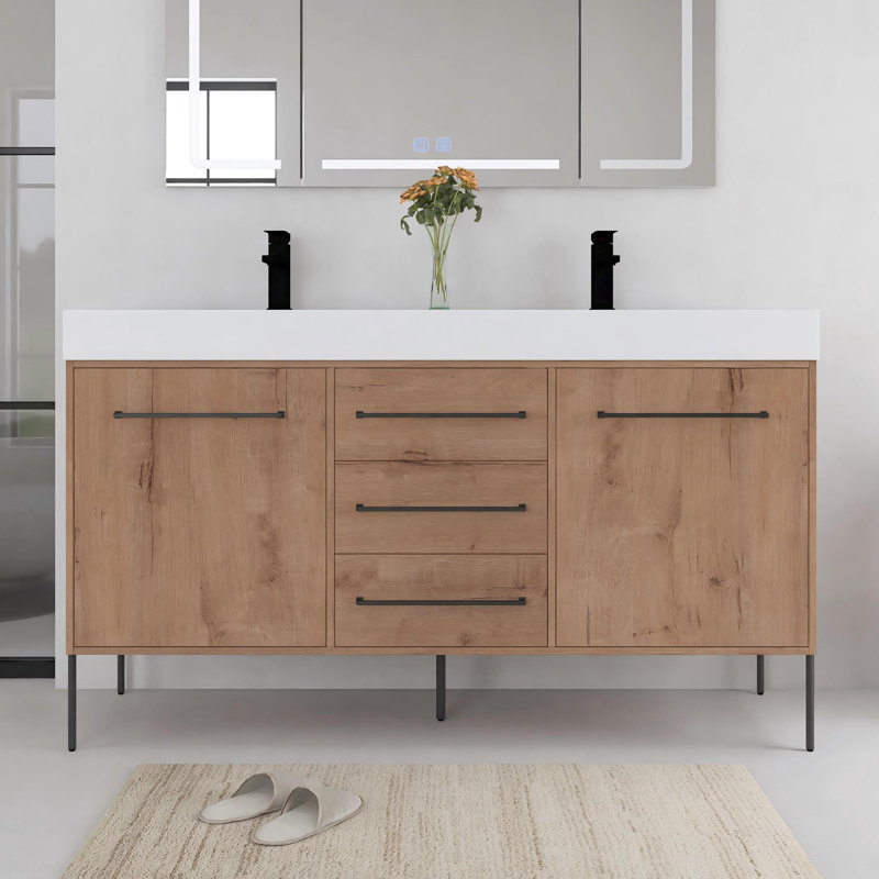 Meuble-lavabo autoportant de 60 po avec lavabo double en résine blanche, portes et tiroirs à fermeture en douceur, 60"