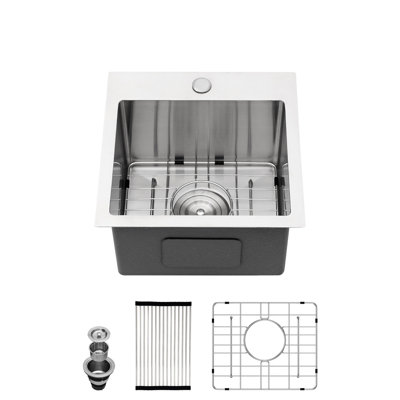 Évier encastré en acier inoxydable 15 x 15 x 9 po, calibre 16, antirouille et insonorisé, avec ensemble de vidange et clips d'emballage. Évier de cuisine encastré de 15 pouces, résistant à la déformation.
