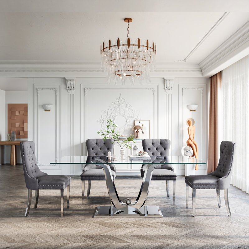 Table de salle à manger en verre avec base en verre et 4 chaises en velours, Gris/argent, Argent argent
