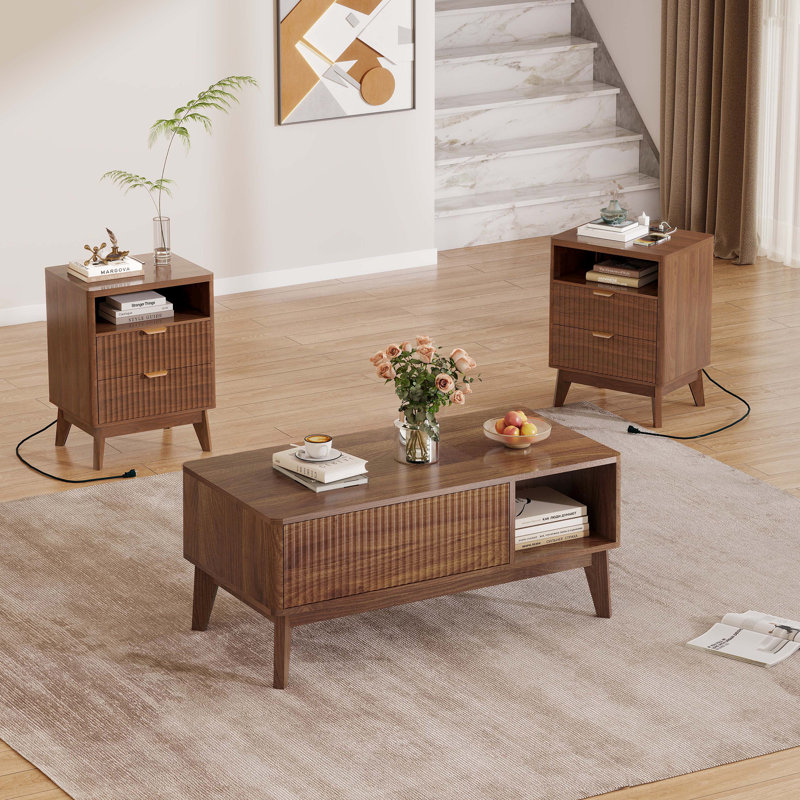 Ensemble de tables basses à plateau relevable avec 2 tables de bout, table basse en noyer et tables d'appoint avec station de charge