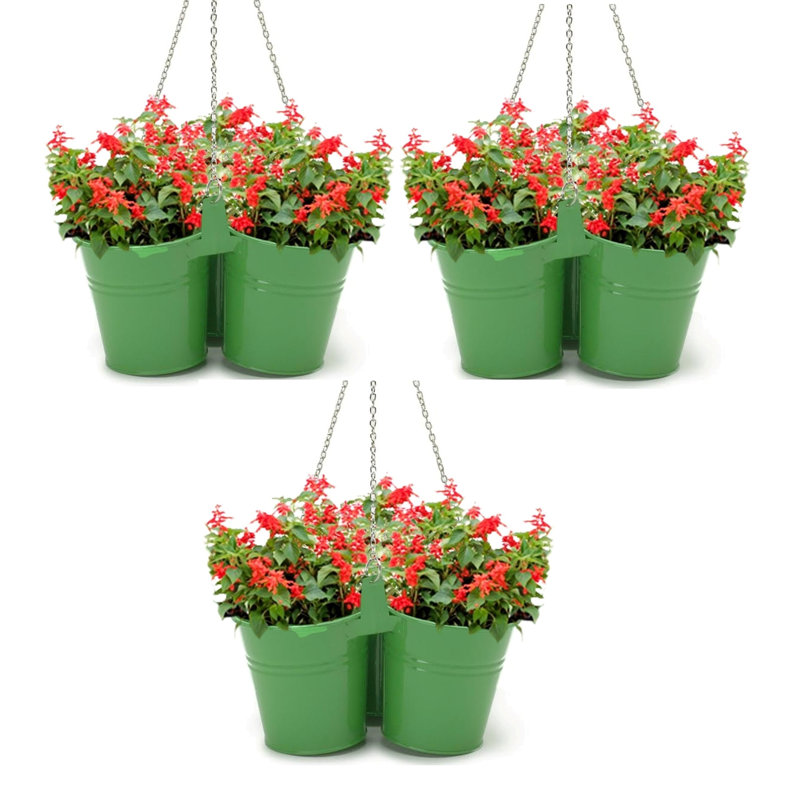 Enameled Galvanized Steel Triple Hanging Planter, Green
