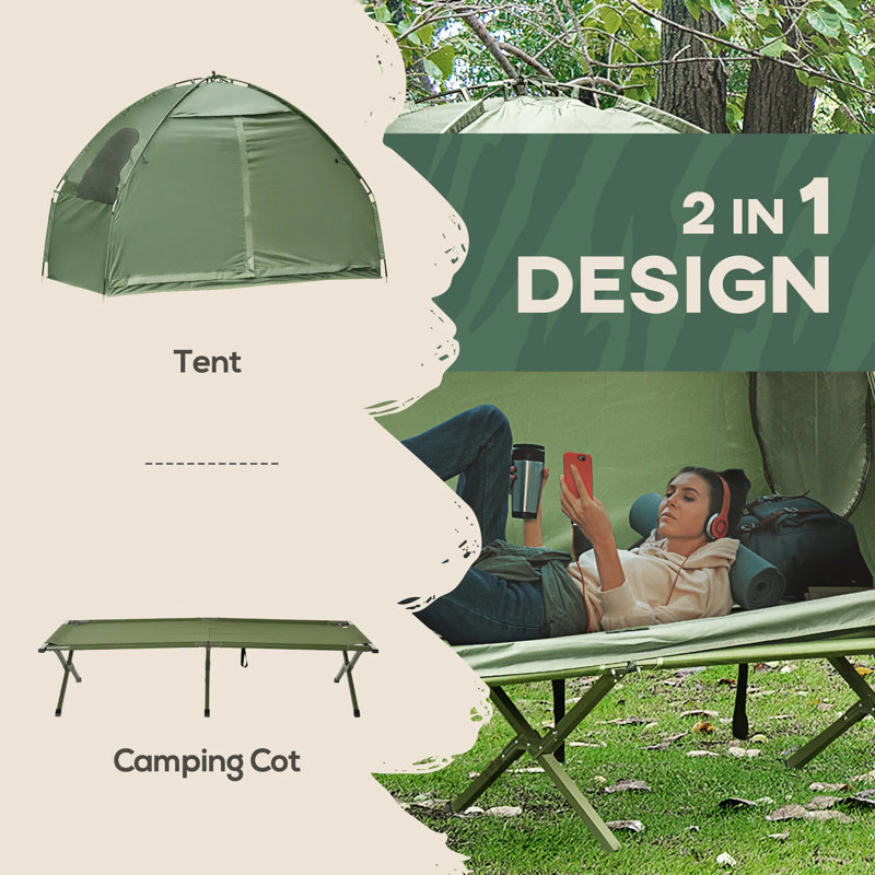 Lit de camp pliable pour 1 personne et tente 2 en 1 - Lit de camp surélevé portatif avec sac de transport, lit simple d'extérieur à installation rapide