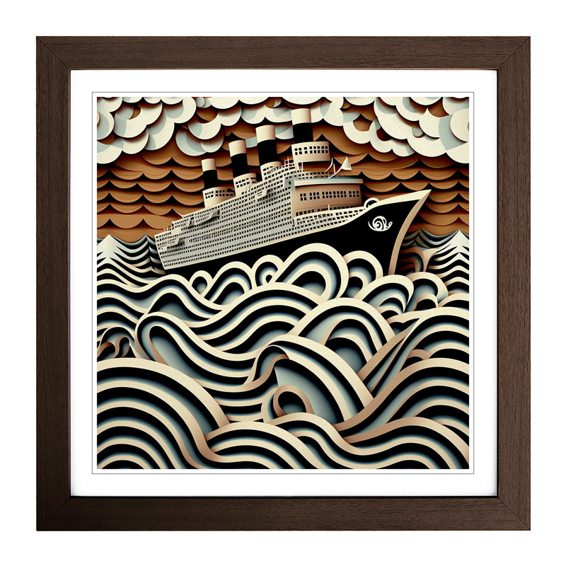 Ship On The Ocean Op - Single Picture Frame Print on Wood, Walnut