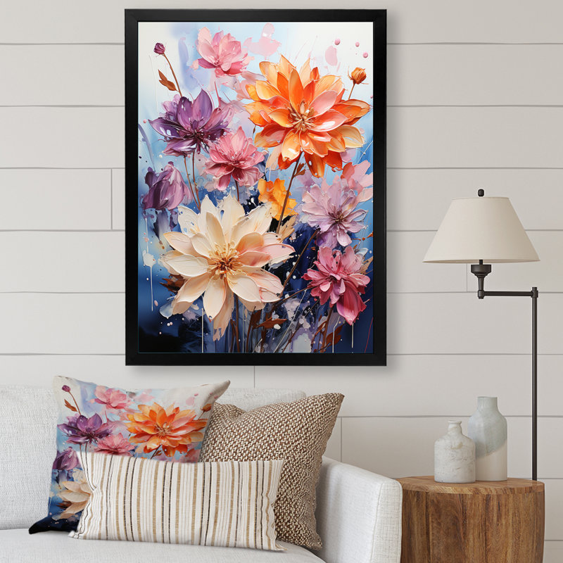 Chaye - fleurs saisonnières multicolores sur fond bleu I - impression, Cadre photo noir, H 20 po x l 12 po x P 1 po