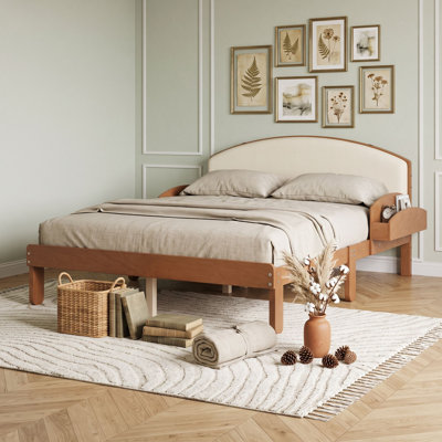 Wood Platfrom Bedwith Curved Padded Upholstered Headboard and Built-In Side Storage Shelves