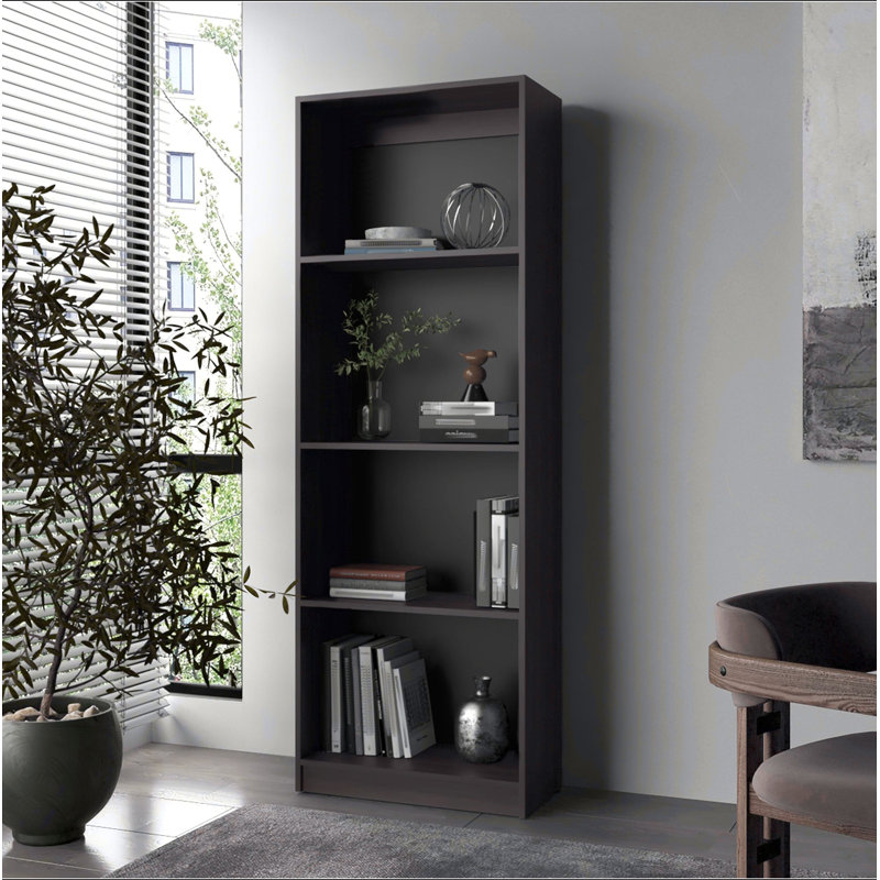 Bibliothèque plate en noyer teint avec rangement ouvert et 4 tablettes