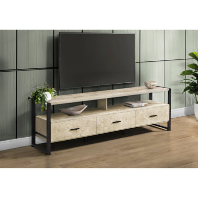 Meuble télé 72 po, meuble multimédia contemporain avec stratifié en pierre crème et métal noir. 2 tablettes ouvertes pour les appareils, 3 tiroirs de rangement sur glissières en métal. Fabrication solide, rapide