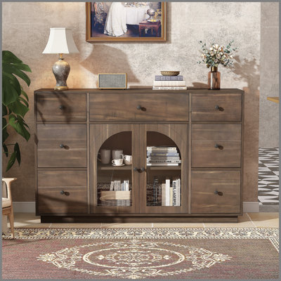 Armoire spacieuse brun foncé avec 2 portes et 7 tiroirs pour le rangement du salon et de la salle à manger