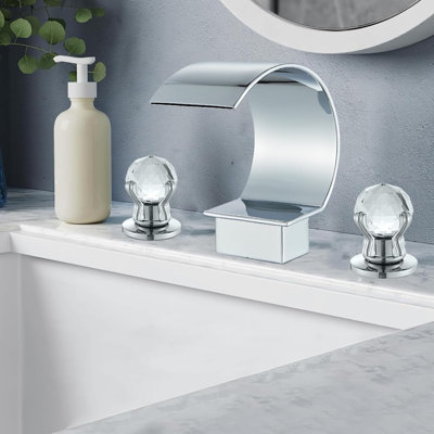 Robinet de lavabo de salle de bain espacé High Arc Waterfall 2 poignées en cristal 3 trous 8 pouces Robinet pour lavabo finition chrome commercial, nickel brossé