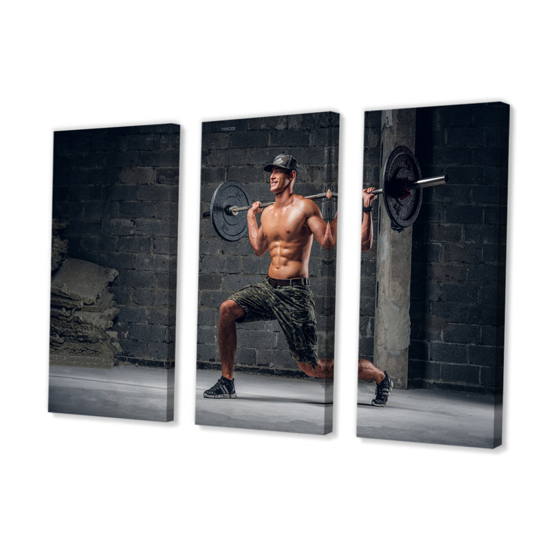 «Man Is Doing Lunge With Barbell» - ensemble d'art mural aérobie et musculation, H 32 po x l 48 po