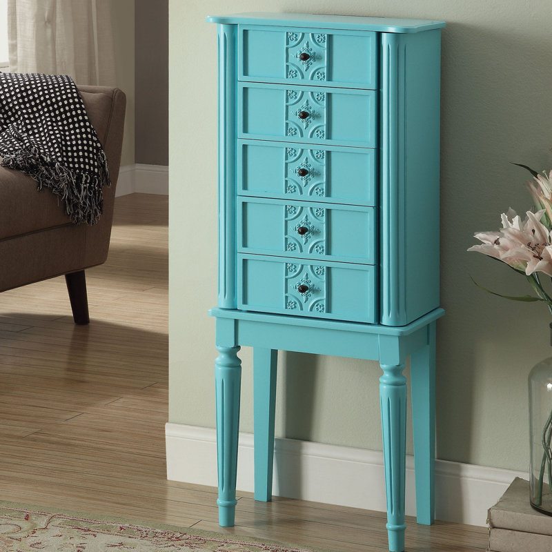 Armoire à bijoux avec miroir 4 tiroirs Beaty, Bleu clair