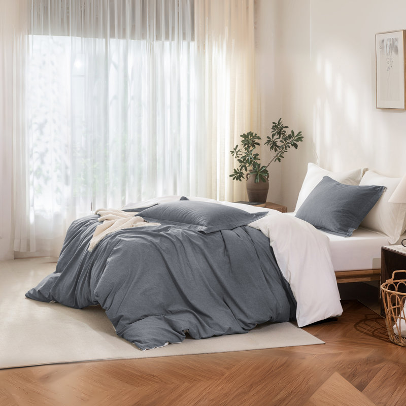 Ensemble de housse de couette 100% coton lavé Solayne avec texture de faux chanvre, couleur unie, fermeture à glissière et attaches de coin