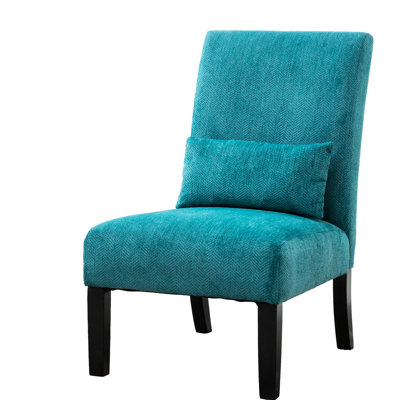 Teal Blue Accent Chair With Chenille Fabric And Solid Wood Legs Pillow Chair, For Stability