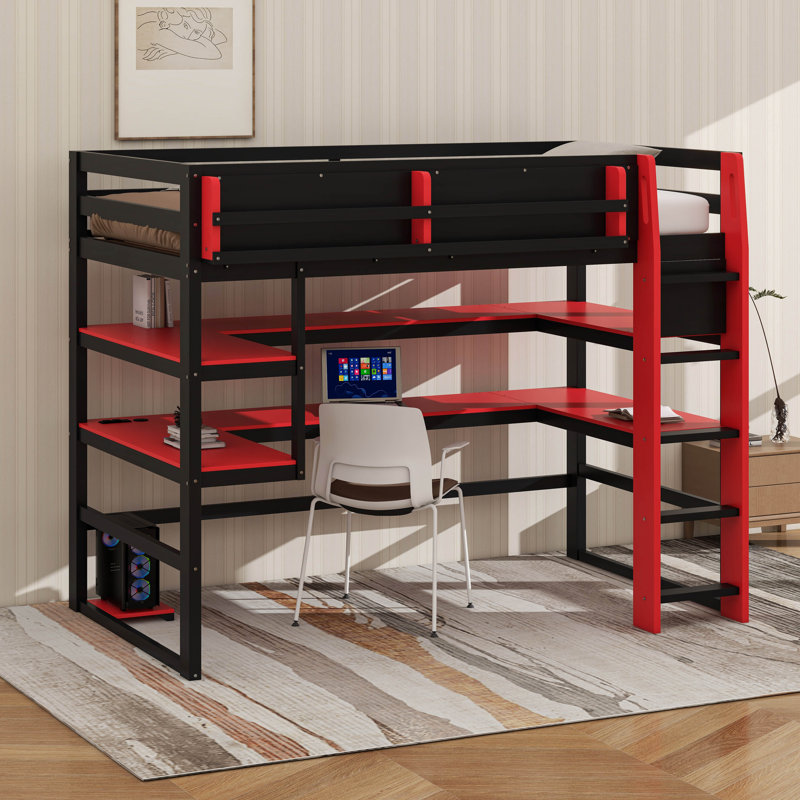 Gaming Loft Bed With Built-In Desk And Storage Shelves, Space-Saving Wooden Bed Frame With LED & Side Race, Lit simple, Rouge