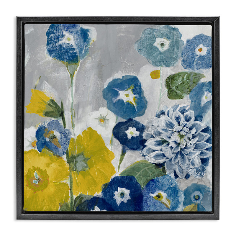 Coquelicots abstraits bleus et jaunes, H 18 po x l 18 po, Cadre flottant noir de jais