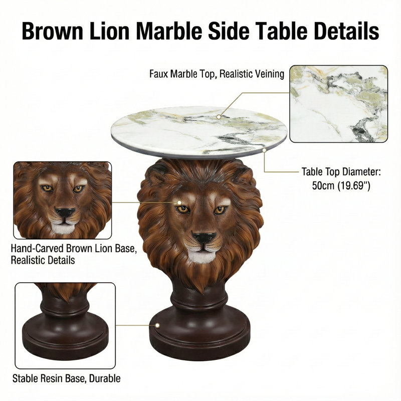 Lion Head Side Table, Unique Animal End Table with Round Top, 25.6" Tall Modern Resin Statue Nightstand for Living Room, Office & Man Cave Decor - Realistic