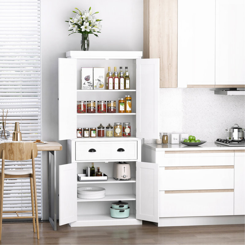 Armoire de rangement sur pied 72 po, armoire de rangement haute avec 2 portes, tiroir et tablettes réglables, blanc, Blanc