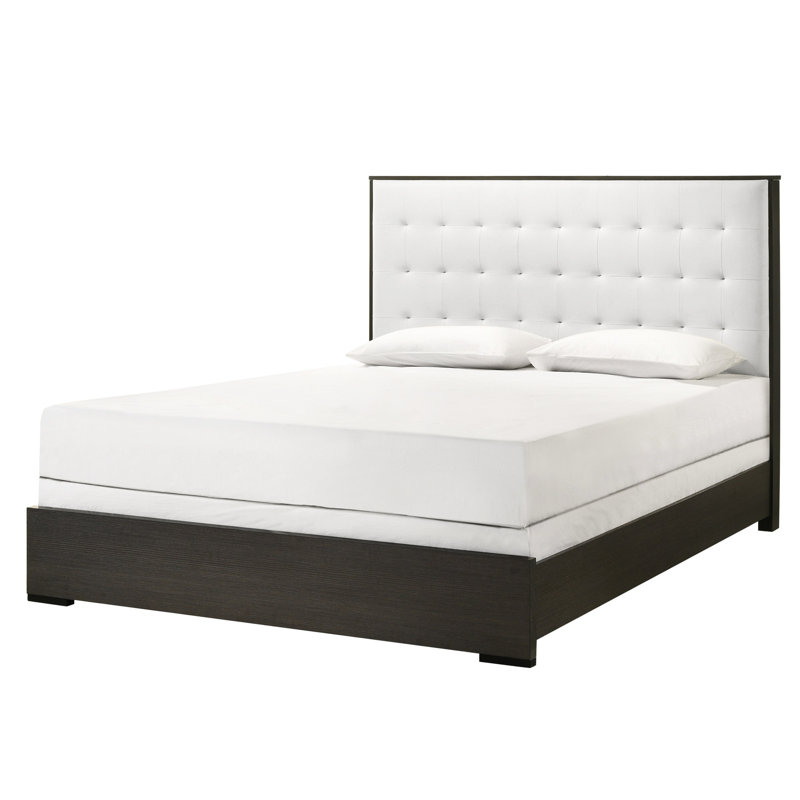 Modern Grey And Beige Upholstered Full Panel Bed With Button Headboard Size In White, Full