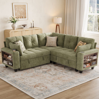 Benett 83'' Upholstered Modular Corner Sectionals with Pull-out Sofa Bed, Storage Chaise & Side Bookshelf