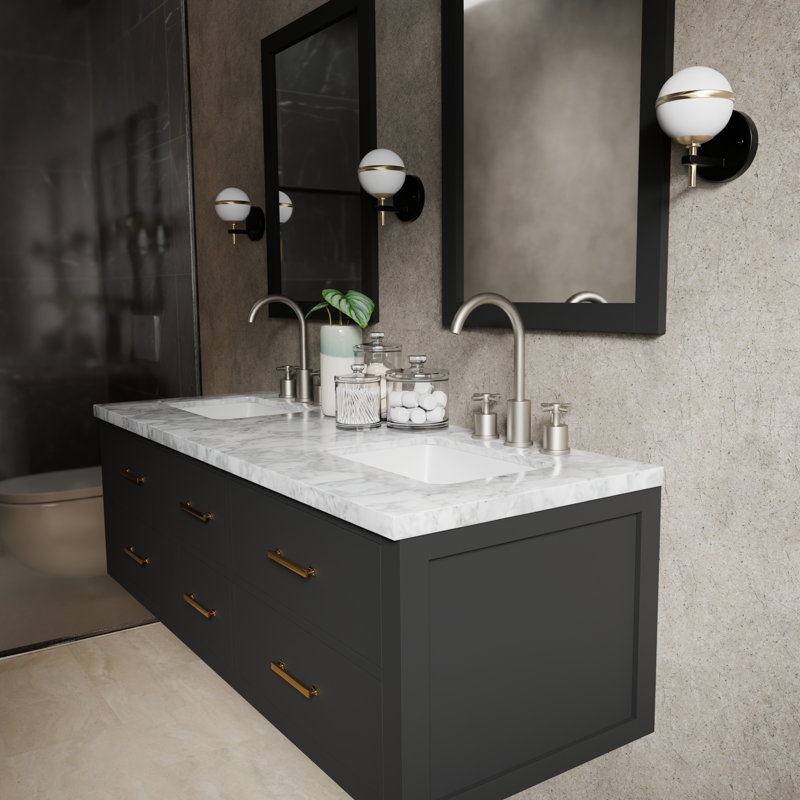60" Wall-Mounted Double Bathroom Vanity Set, White Carrara Marble, Black