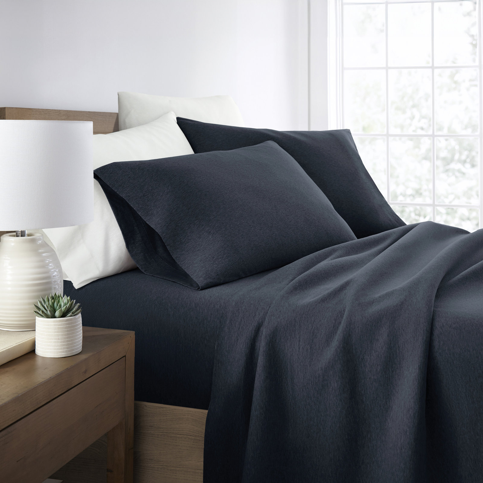 4 Piece 100% Cotton Jersey Knit Sheet Sets, Full Sheet Set + 1 Fitted Sheet + 2 Pillowcases, Light Gray