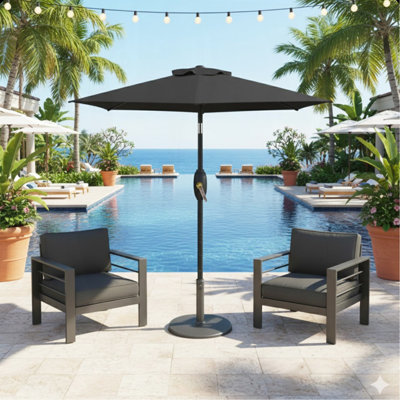 Parasol de marché noir 7,5 pi avec manivelle et inclinaison. Auvent résistant aux rayons UV pour la piscine, la cour et le patio (sans base)