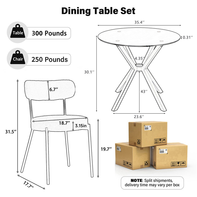 Ensemble de table de salle à manger 36 po, 1 table et 2 chaises, Doré, Rose