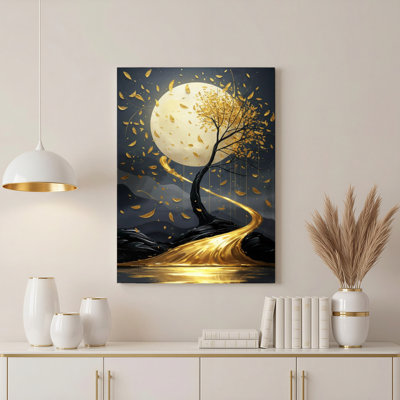 Golden Moon Tree Canvas Wrapped Wall Art With Falling Leaves And Mountain Landscape For Living Room Bedroom Or Home Decor (Set Of 1)