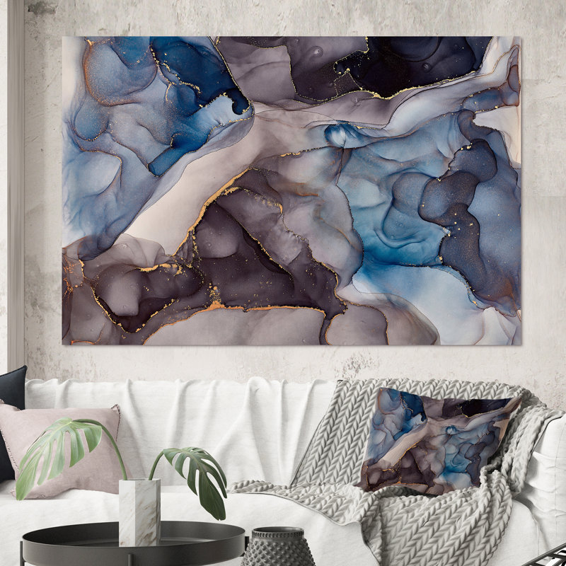 Fluide abstrait gris et bleu - Peinture sur toile, Toile tendue, H 40 po x l 60 po x P 1,5 po