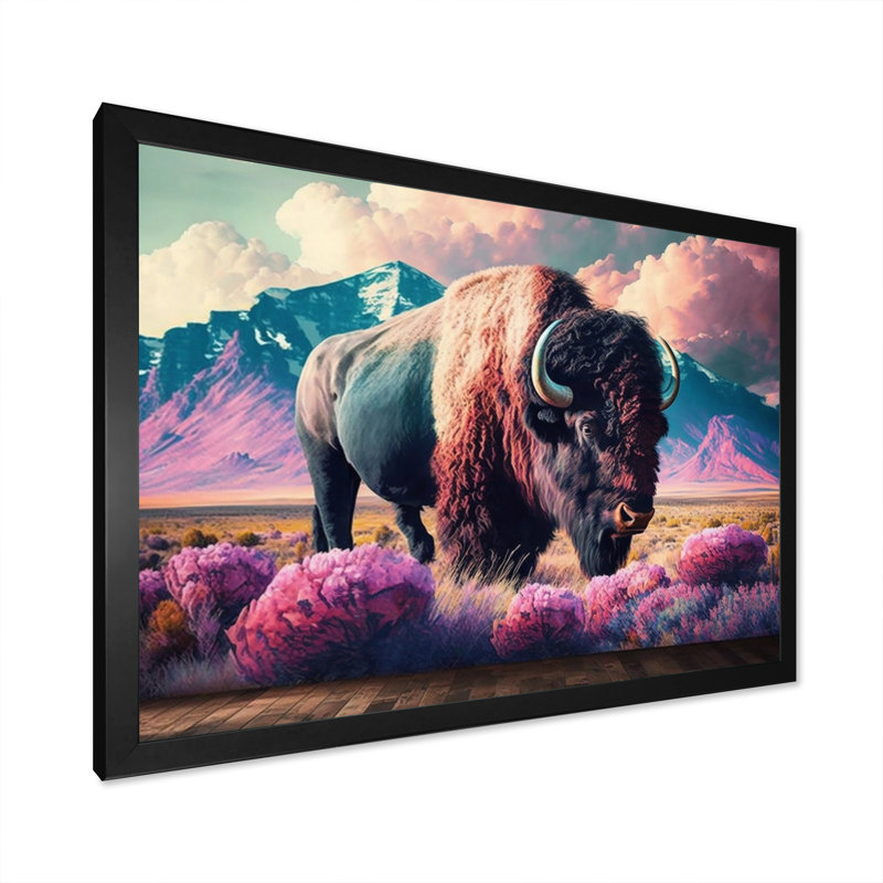 Buffalo avec paysage - impressions sur toile Buffalo / Bison, H 16 po x l 32 po x P 1 po, Cadre simple noir