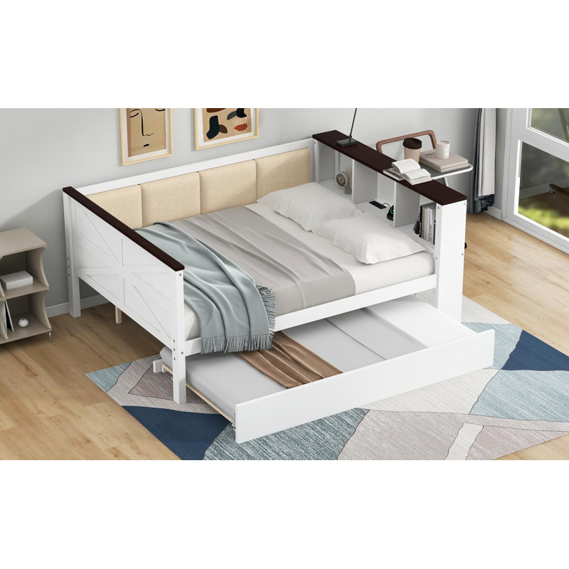 Wood Full Size Daybed With Upholstered Backrest And Trundle Bed