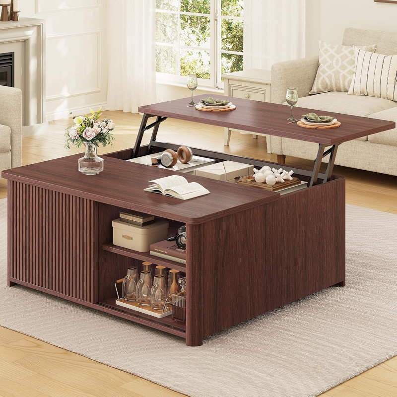 Table basse à plateau relevable avec rangement caché, table basse carrée cannelée de 31,5 po avec tablettes réglables pour le salon, noyer