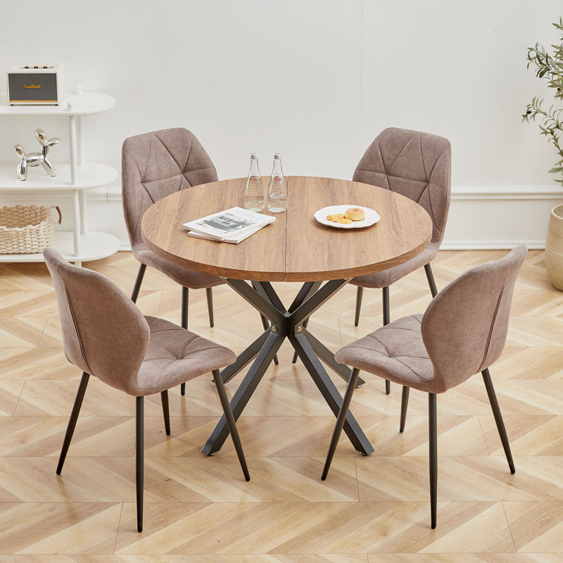 Modern Simple Round Solid Wood Dining Table Set - Set Of 4 Diamond Pattern Velvet Dining Chairs - Metal Legs - For Living Room/Bedroom
