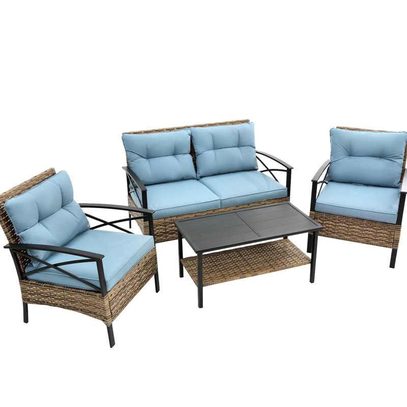 Mobilier d'extérieur bleu pour patio - Ensemble de salle à manger modulaire 4 pièces avec coussins et table, Bleu
